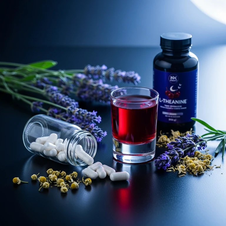 Sleep optimization supplement stack 2026 — magnesium, L-theanine, apigenin, glycine, and tart cherry arranged in a calm nighttime scene
